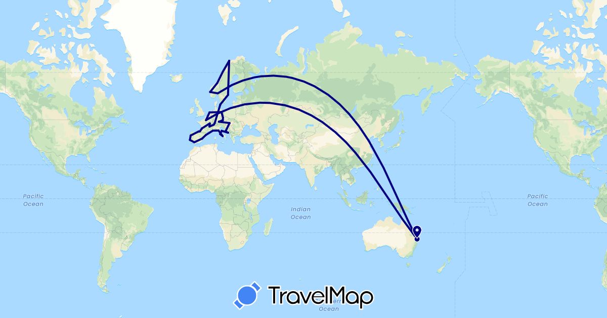 TravelMap itinerary: driving in Australia, Switzerland, Czech Republic, Germany, Denmark, Spain, France, Croatia, Hungary, Italy, Netherlands, Norway, Portugal, Sweden (Europe, Oceania)