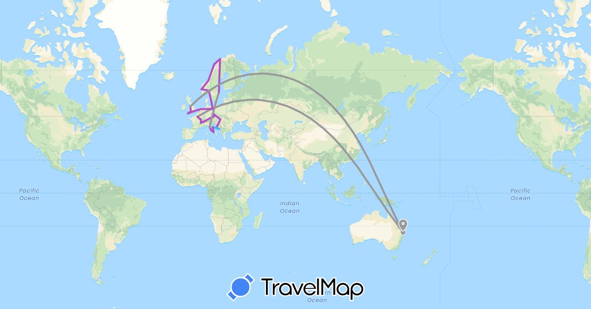 TravelMap itinerary: driving, plane, train, boat in Australia, Switzerland, Czech Republic, Germany, Denmark, France, United Kingdom, Croatia, Hungary, Italy, Netherlands, Norway, Sweden (Europe, Oceania)